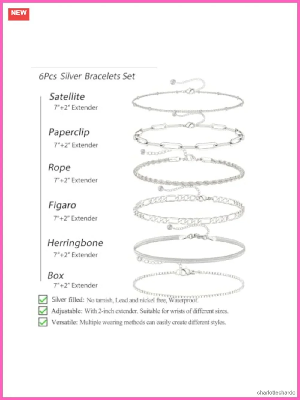Waterproof Sterling Silver Plated Bracelets Set for Women 6 Pack